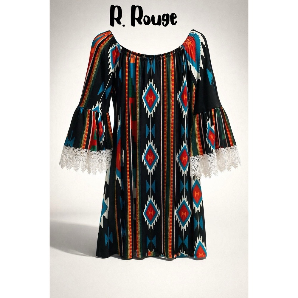 R. Rouge Womens Multicolor Aztec Bohemian Bell‎ Sleeve Tunic Mini Dress